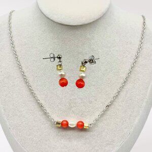 Handmade Orange Bead Faux Pearl Necklace & Earrings Set Gold Accents